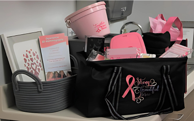 Basket of Breast Cancer Awareness-themed giveaway items