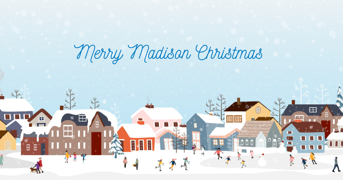 illustration of Ice skaters on a frozen pond surrounded by snow covered houses and trees