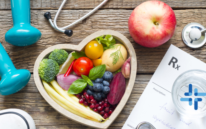 Photo illustrating fruits and vegetables, exercise hand weights and walking shoes as a prescription for a healthier lifestyle