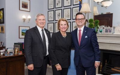 Portrait of BMH Chief External Affairs Oficer Ray Harrell, Congresswoman Carol Miller, and BMH President & CEO Virgil Underwood