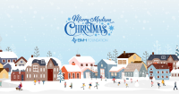 Illustration of a winter village, including oudoor ice skaters, with the Merry Madison Christmas logo