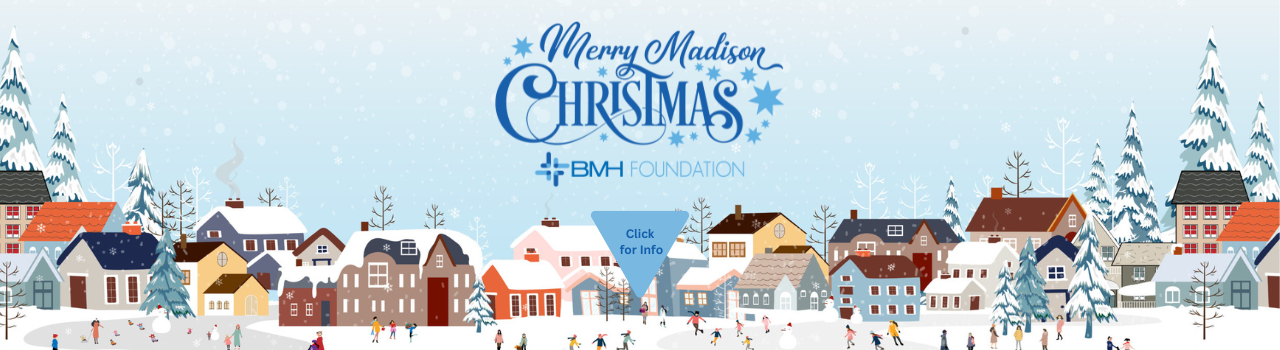 Illustration of a winter village with the Merry Madison Christmas logo