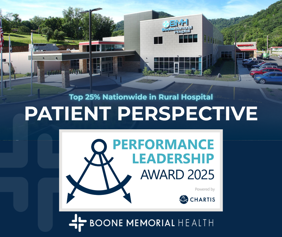 Photo of Boone Memorial Hospital Campus captioned with, "Top 25% Nationwide in Rural Hospital Patient Perspective" Performance Leadership Award 2025