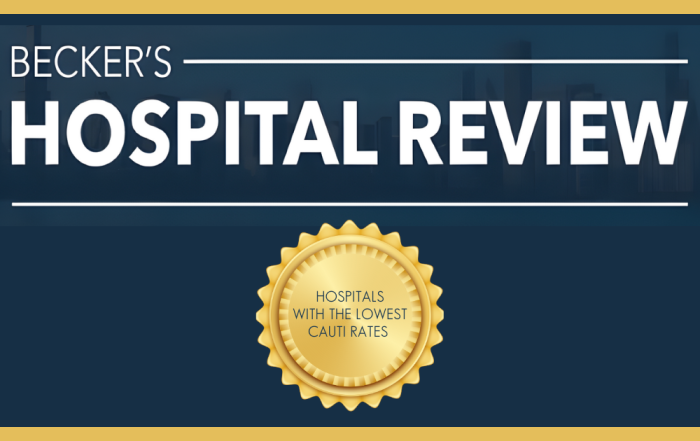 Becker's Hospital Review Thumbnail graphic with a gold seal that says "Hospitals with the Lowest CAUTI Rates"