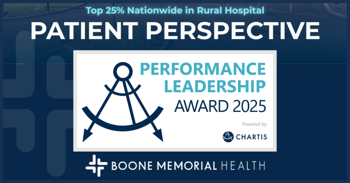 Navy graphic captioned with, "Top 25% Nationwide in Rural Hospital Patient Perspective" Performance Leadership Award 2025