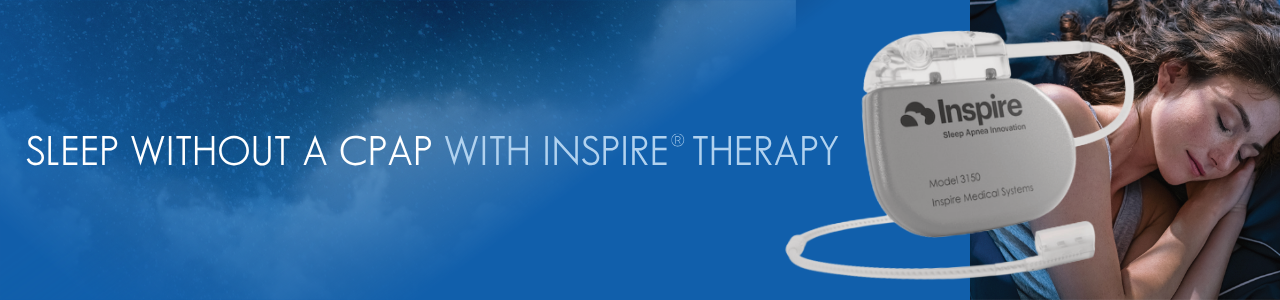 Woman sleeping soundly on a bed of clouds with an Inspire Therapy device