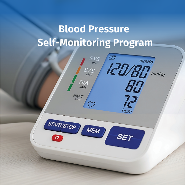 Digital blood pressure monitor displaying a reading of 120/80 mmHg with the headline “Blood Pressure Self-Monitoring Program” overlaid above the device. The monitor is attached to a person's arm and shown in a clinical or home healthcare setting.